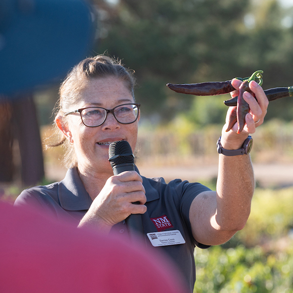 An extension agent teaching a group about chile varieties. 