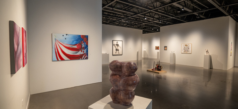 Art pieces at the Juried Student Show at the University Art Museum in Devasthali Hall.