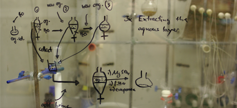 Chemical engineering formulas written on a window