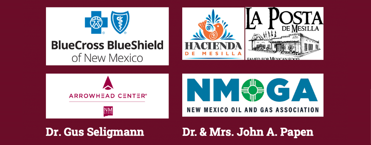 Logos for the Domenici conference bronze sponsors - Blue Cross Blue Shield of New Mexico, Hacienda de Mesilla and La Posta de Mesilla, Arrowhead Center, New Mexico Oil and Gas Association, Dr. Gus Seligmann and Dr. and Mrs. John A. Papen.